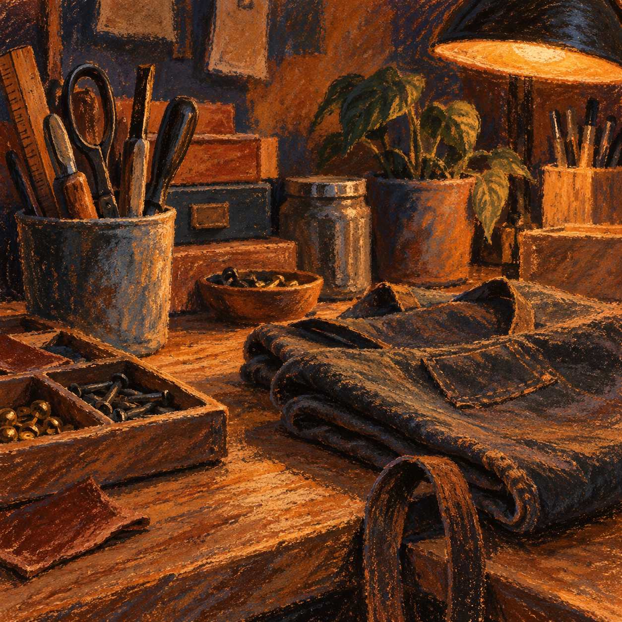 Illustration of owner-operated workshop office: a nearby workbench, organized supplies, a folded work apron