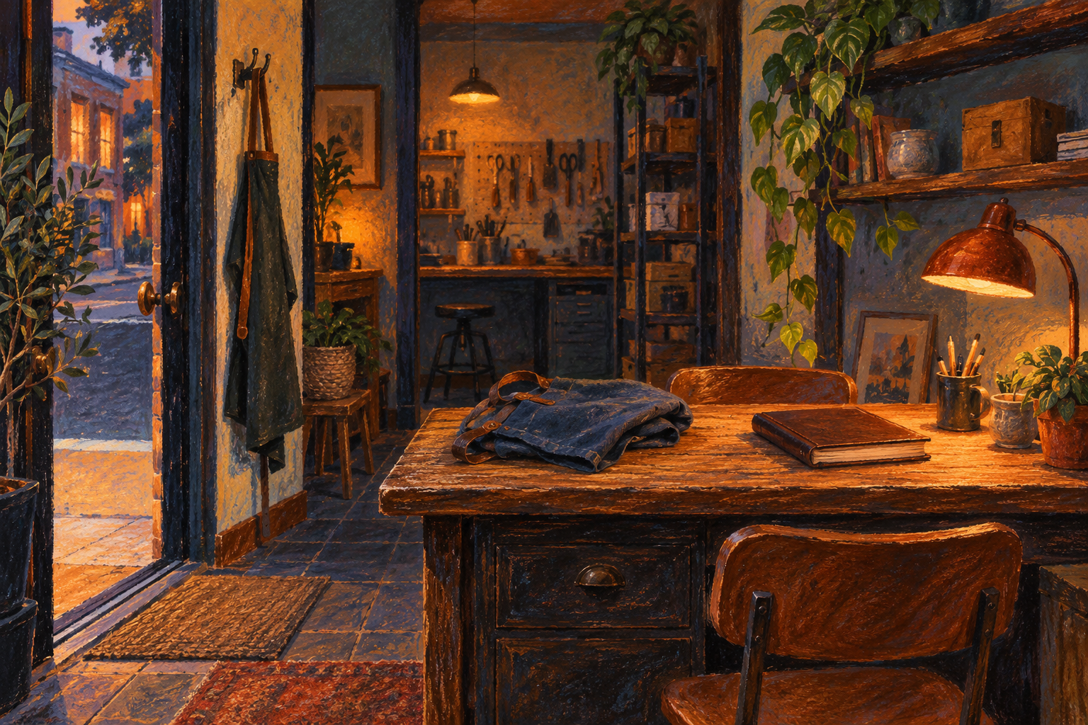 Illustration of owner-operated workshop office: a folded work apron, a worn oak desk, a closed ledger with no text