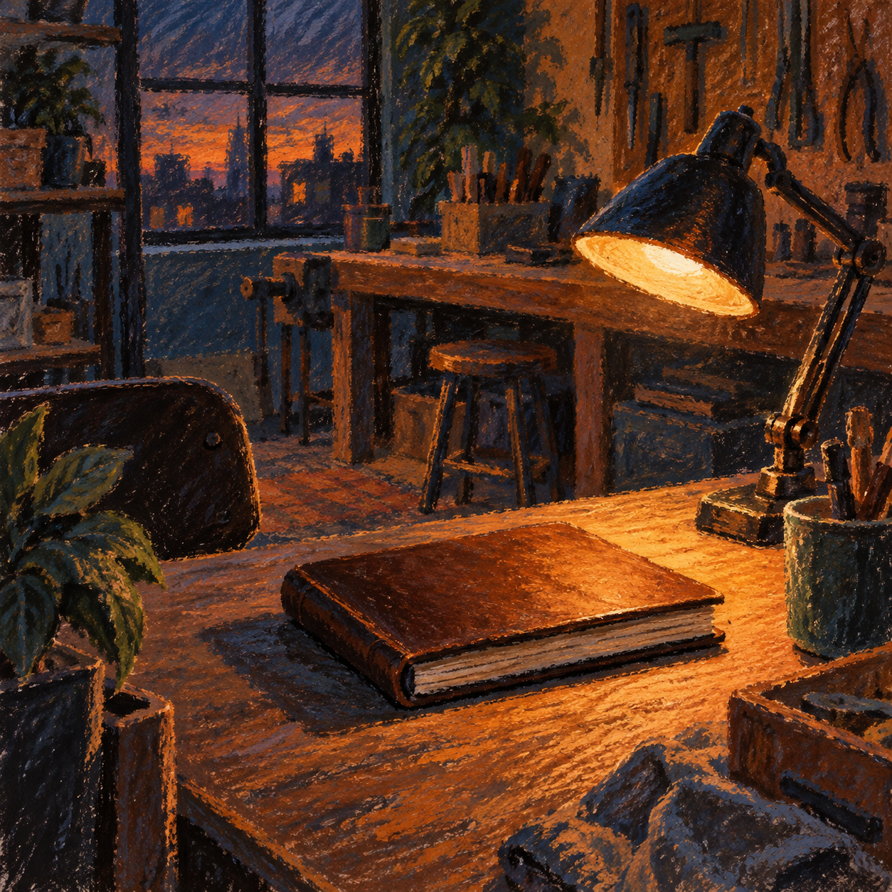 Illustration of owner-operated workshop office: a closed ledger with no text, a task lamp, a nearby workbench